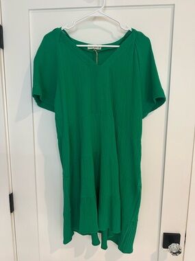 Emerald V-Neck Short Sleeve Gauze Babydoll Dress